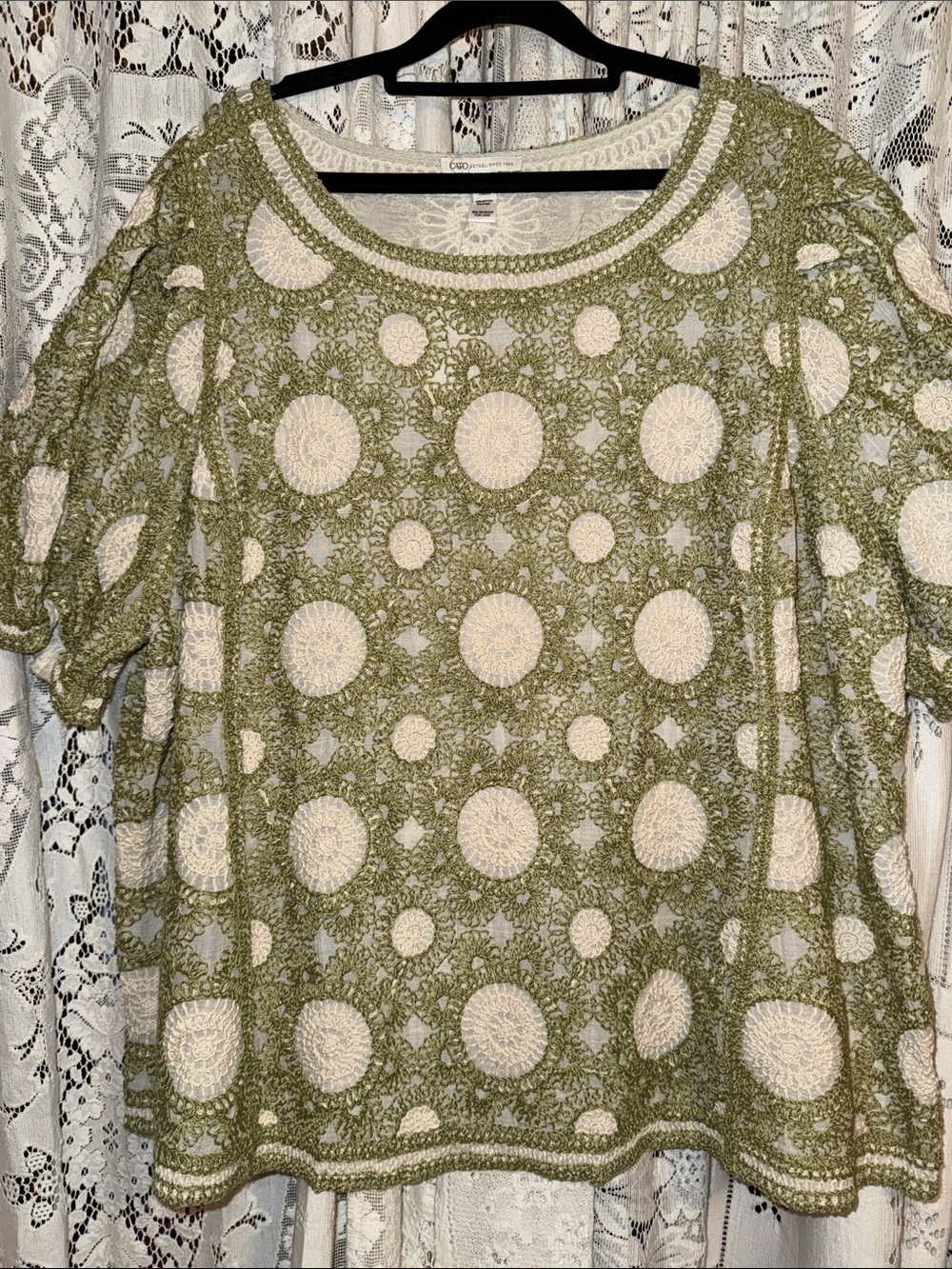 Cato Olive Green Crochet Overlay Top with Cream Circles